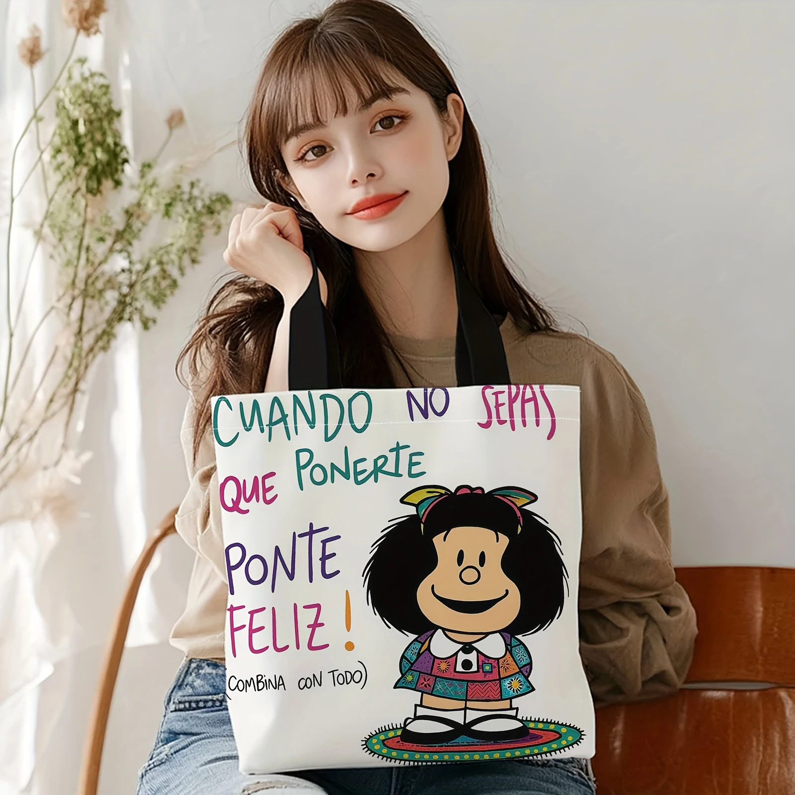 1pc Carton Print Canvas Tote Bag Women Lightweight Reusable Shoulder Bag Large Capacity Tote Bag for Student Shopping & Travel image 3