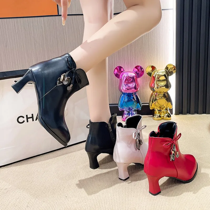 2025 high-heeled boots female spring and autumn single boots new women\'s shoes zip white waterproof Taiwan high-heeled shoes