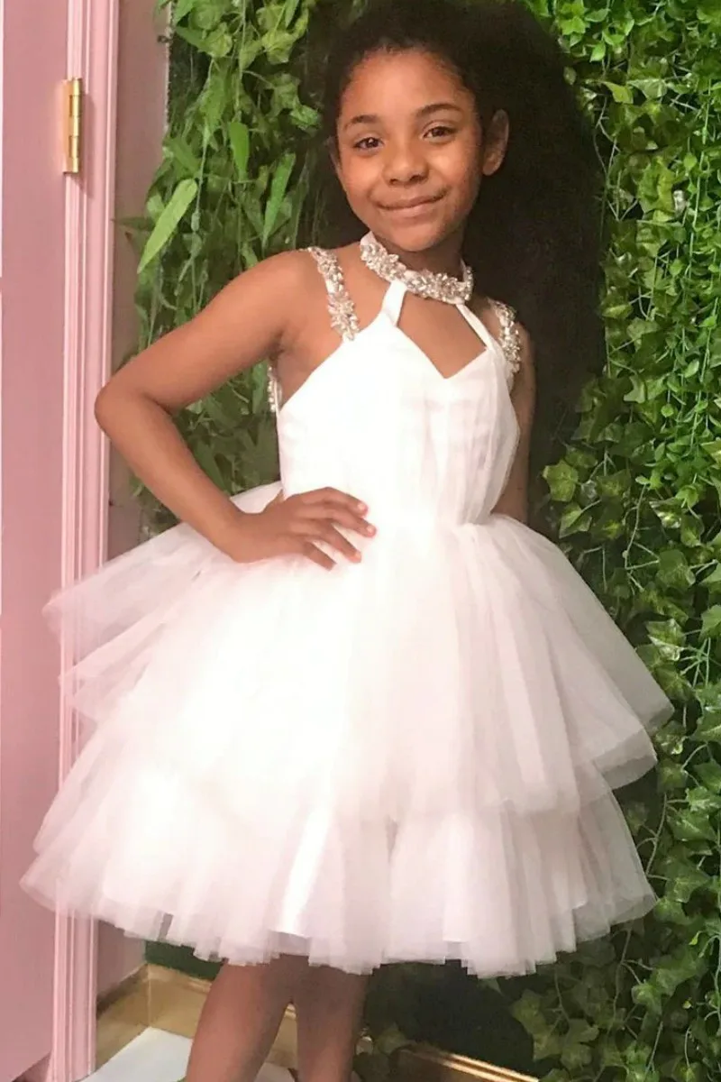 White Flower Girl Dress Puffy Tulle Cute Ball Gown Layered With Beaded Straps Fit Wedding Party Birthday First Communion Gowns