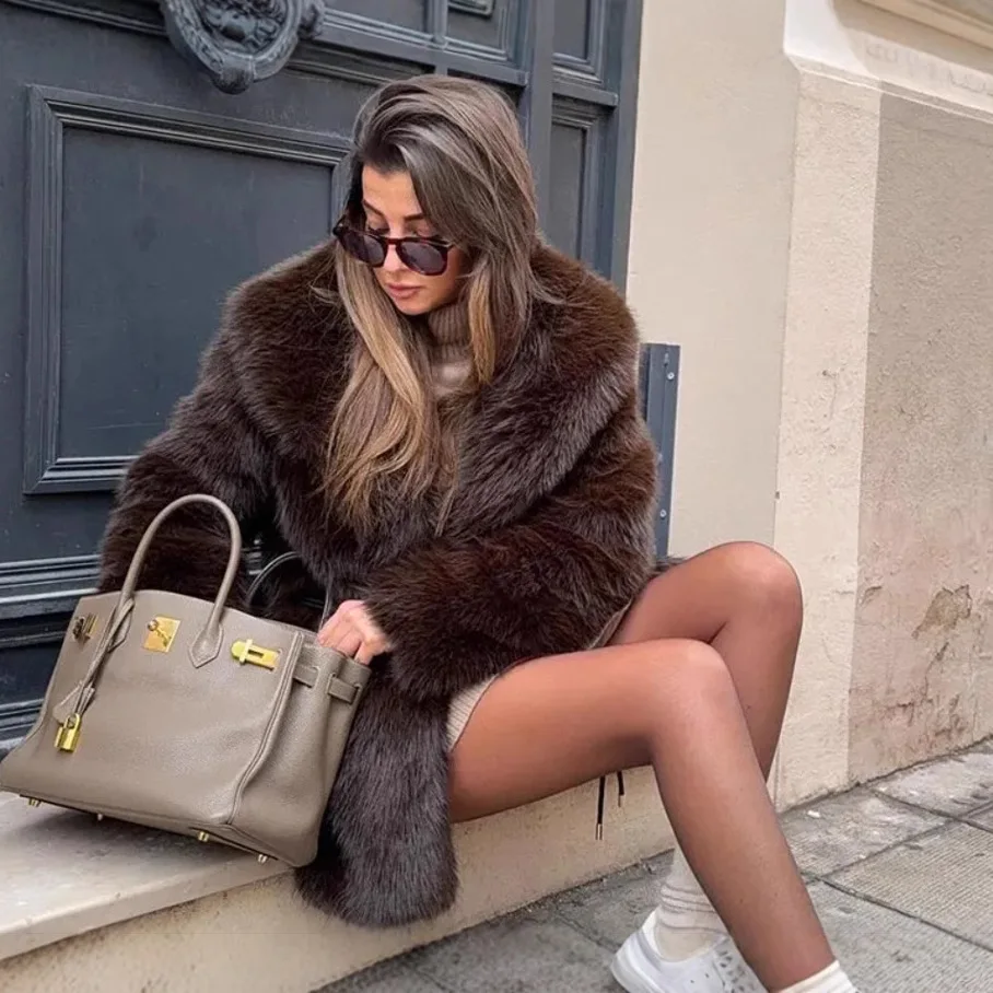 Nieuwe mode warme dikke nepbontjas Vintage luxe revers lange mouwen verborgen zakken effen overjas herfst winter nieuwe jas