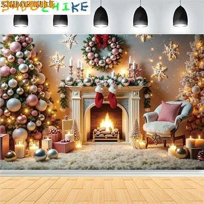 

Christmas Day New Year Party Photography Backdrops Prop Window Living Room Interior Xmas Tree Snow Theme Photo Background FN-16