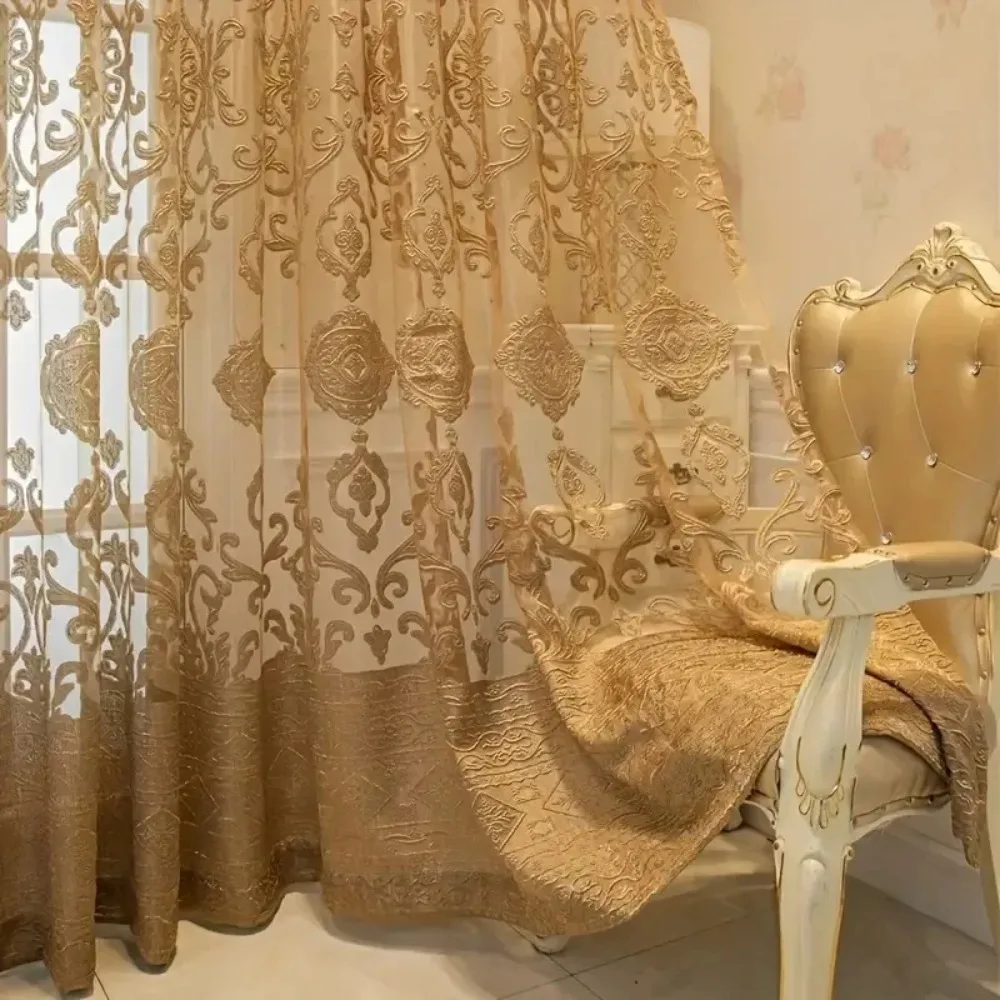 Home decoration suitable for living room, bedroom and balcony. 1 piece - golden jacquard European-style hollowed-out curtain