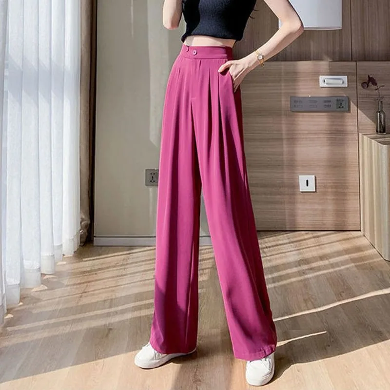 

Summer New Suit Pants Women Elastic High Waist Vertical Loose Thin Suit Small Man Wide Leg Mopping Pants Women's Clothing