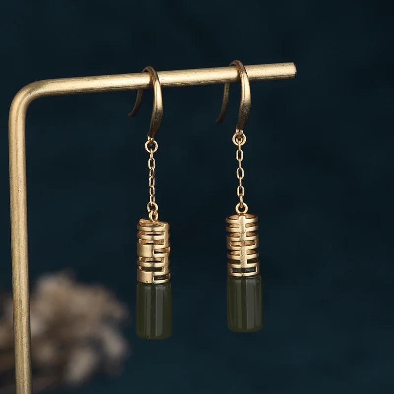 

Rectangular Enamel Earring Ear-Raising Hole South Red Green Chalcedony Gold Copper Alloy Tassel Retro Earrings for Women Jewelry