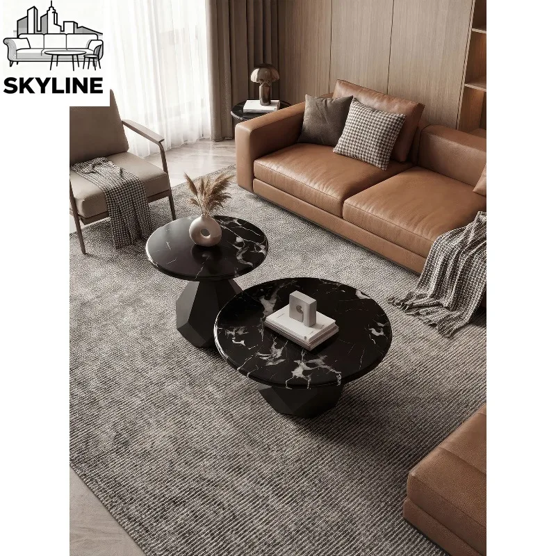 Glass Top Round Coffee Table, Black Marble Metal Stand for Small Living Room