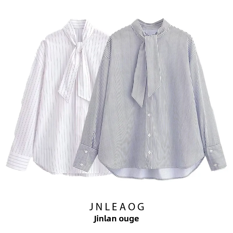 

JNLEAOG Autumn New Women's Casual Versatile Scarf Sle Striped irt Loose Fit Polyester Long Sve Regular Thin