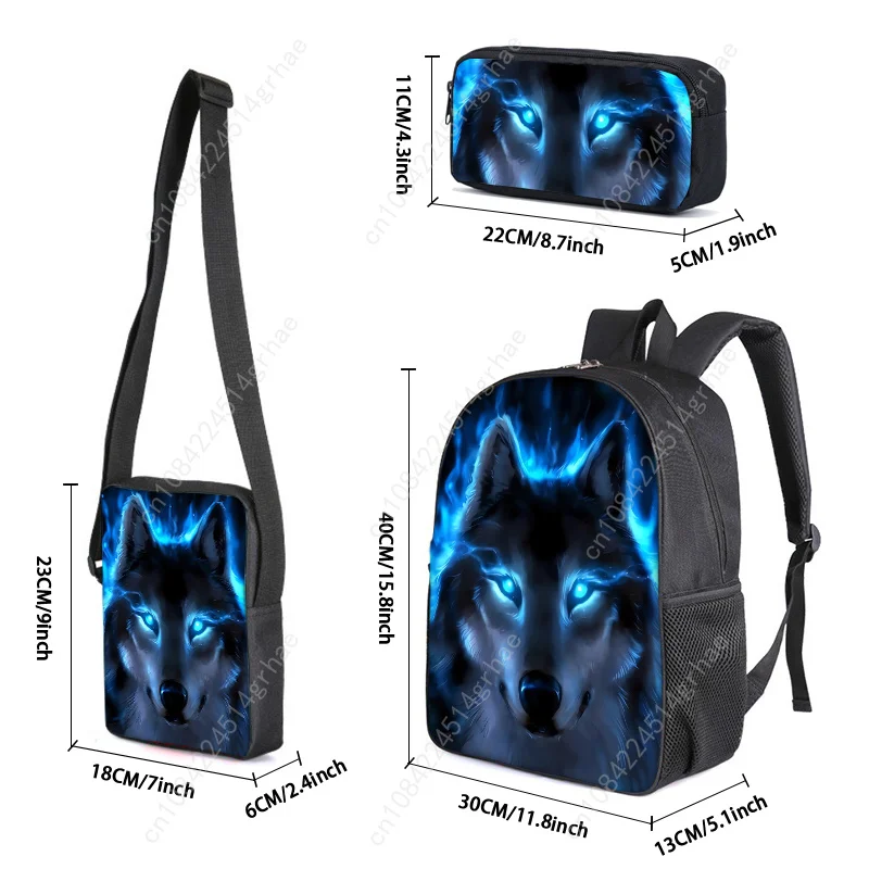 Wolf 3 Buah/Set Ransel Anak dengan Tas Kurir, Tas Pensil, Tas Sekolah untuk Anak Laki-laki/Perempuan Hadiah Terbaik Tas Sekolah Siswa Kartun 2D