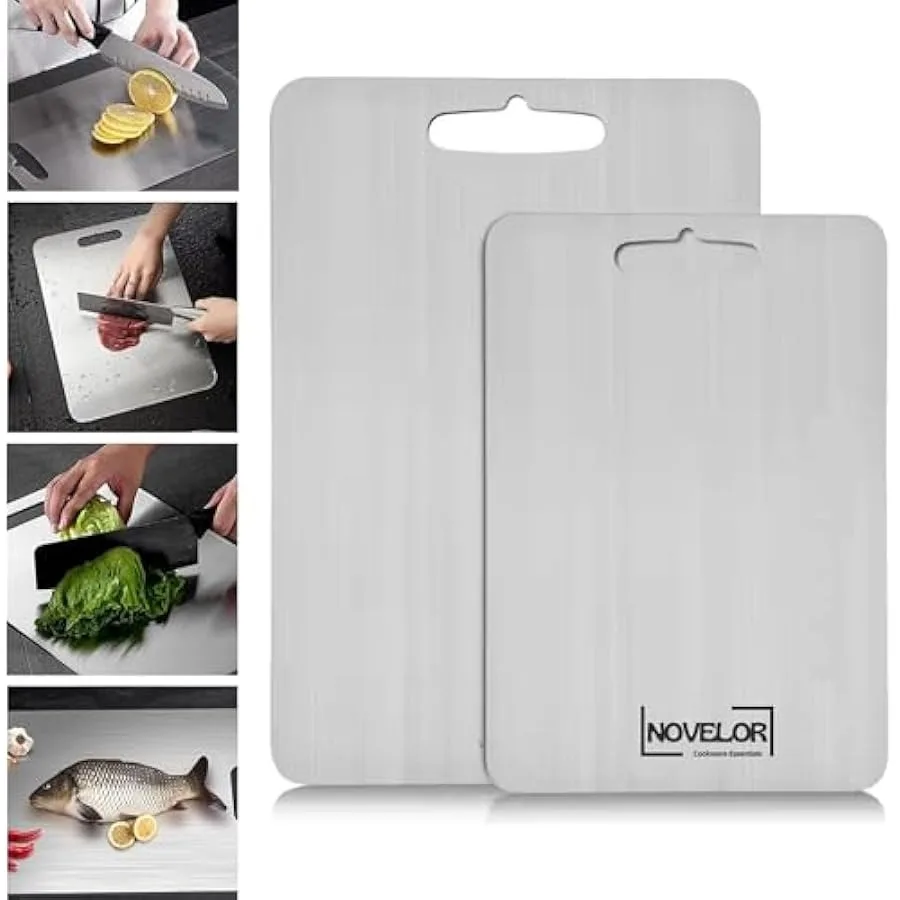 Paslanmaz Çelik Kesme Tahtaları 2'li Set SUS 304 Mutfak Et Sebze Meyve Bebek Maması Bulaşık Makinesinde Yıkanabilir Du