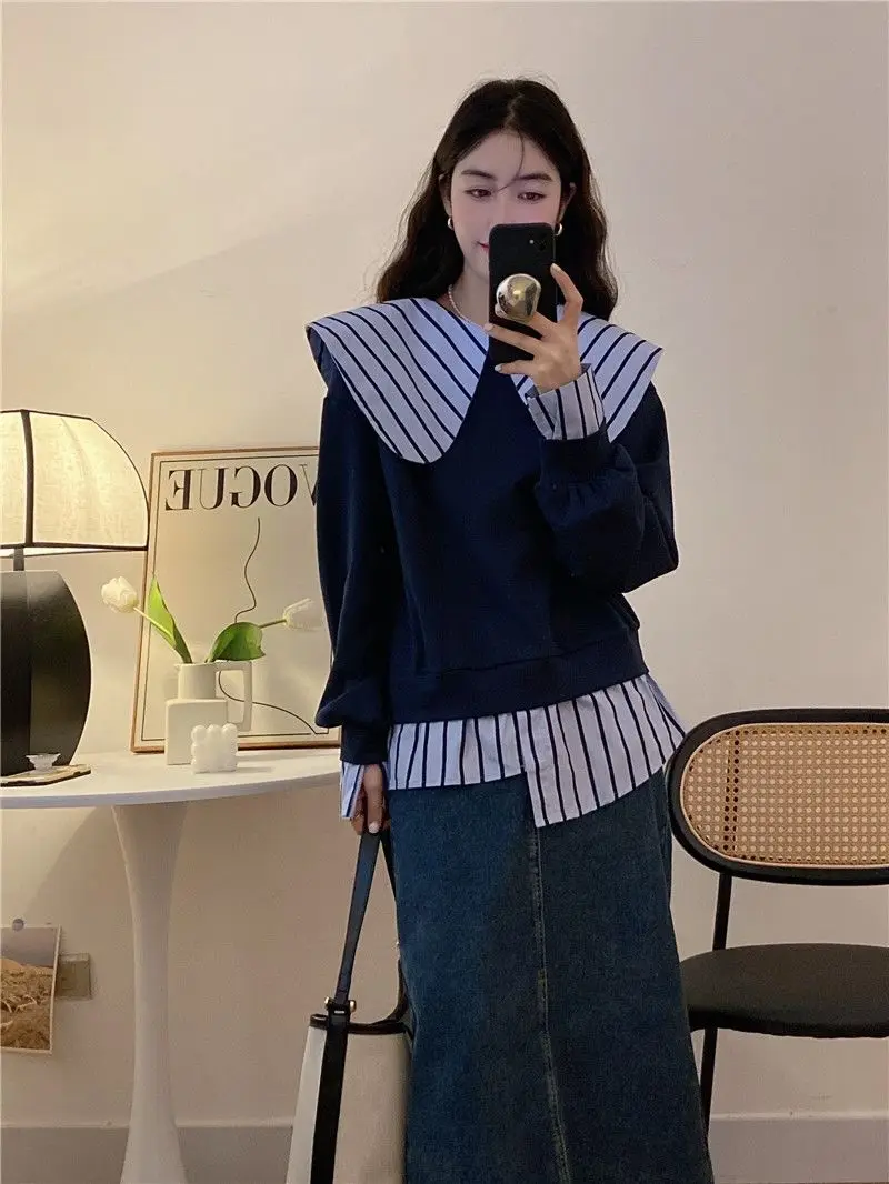 Fake Two-Piece Sweatshirt Irregular Top Doll Collar Striped Splicing 2024 Niche Spring New Korean Style Loose Top For Women