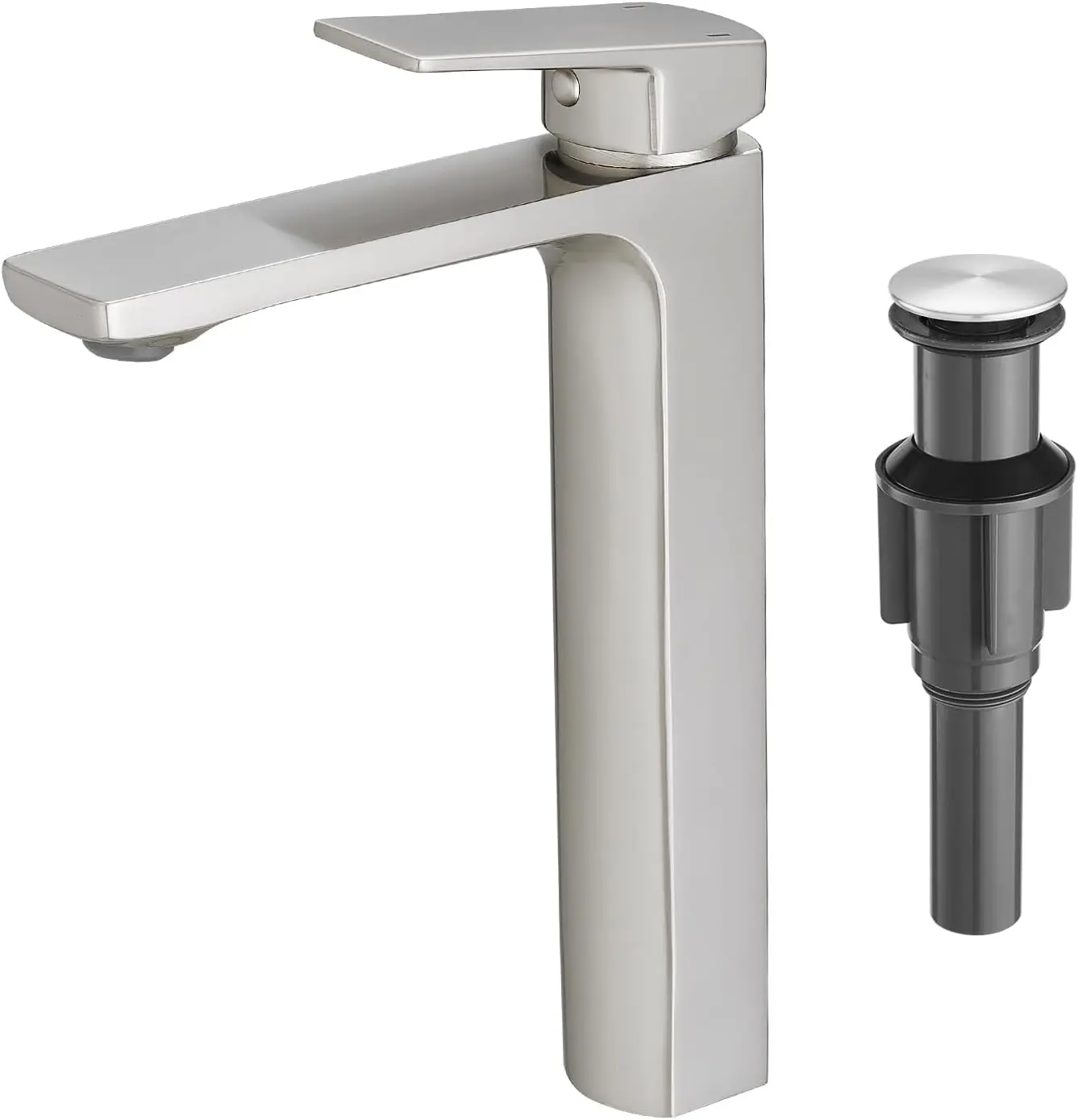 

Tall Single Handle Brushed Nickel Vessel Sink Faucet with Water Supply Hose and Pop Up Drain