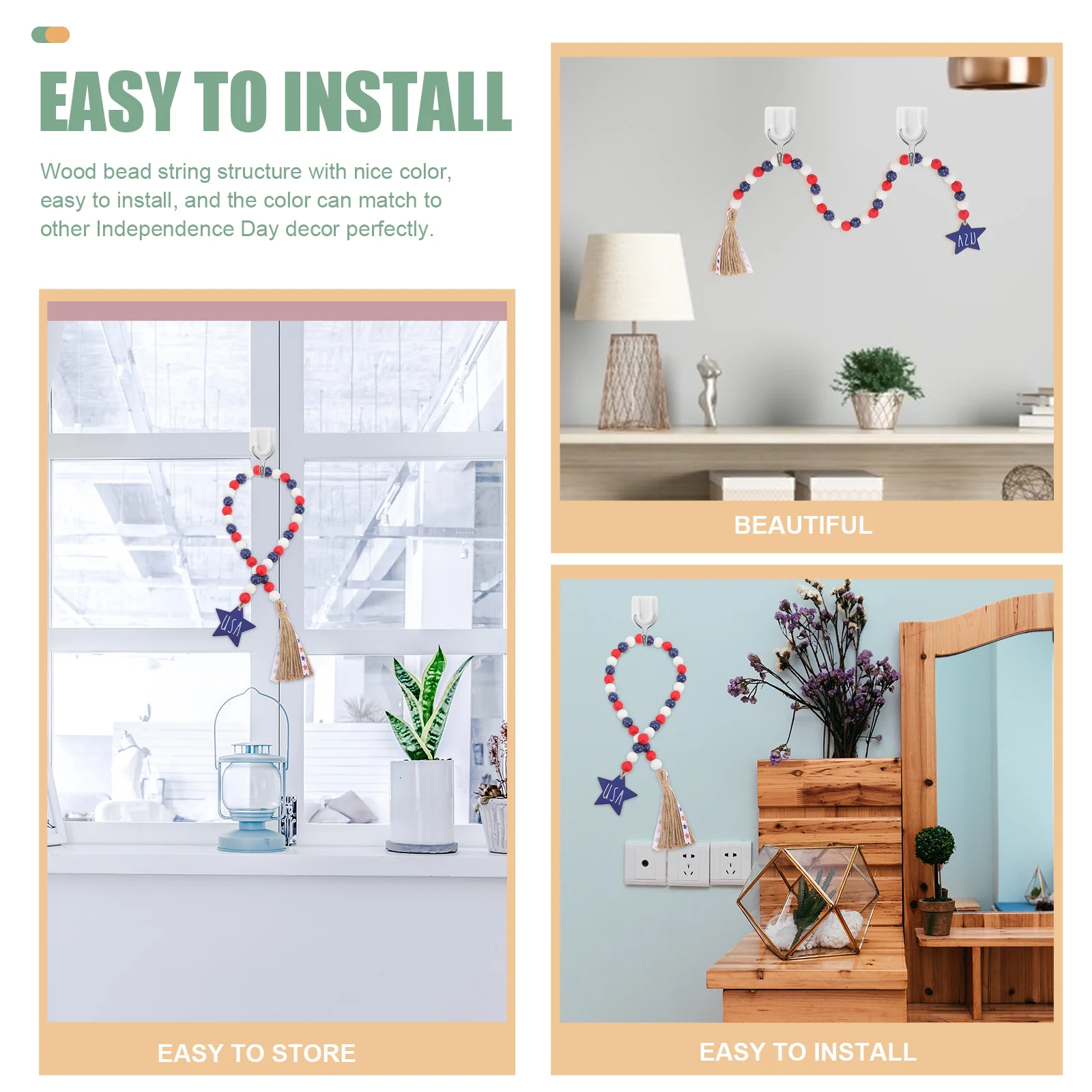 

Wooden Bead Tassel Independence Day Decor High Class Material Fine Workmanship Wall Hanging Ornament Party Supply