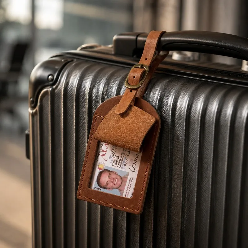 Crazy Horse Leather Luggage Tag Passport Holder Anti-Lost Travel ID Tag Boarding Suitcase Name Tag Keychain Custom Engraved