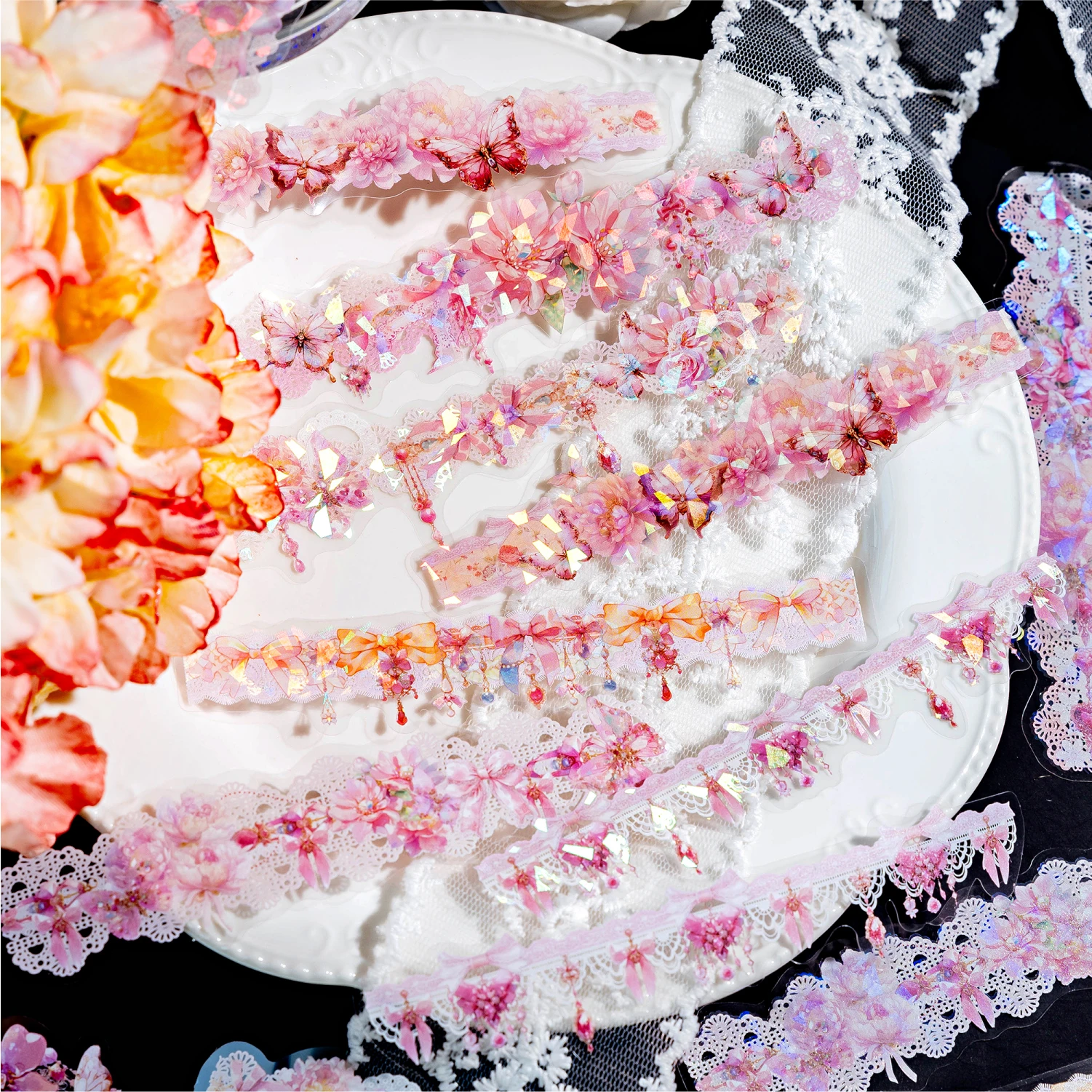 Flower Butterfly Theme Shell Light Lace Edge PET Sticker Pack DIY Handmade Material Scrap Book Decoration Aesthetics Stationery