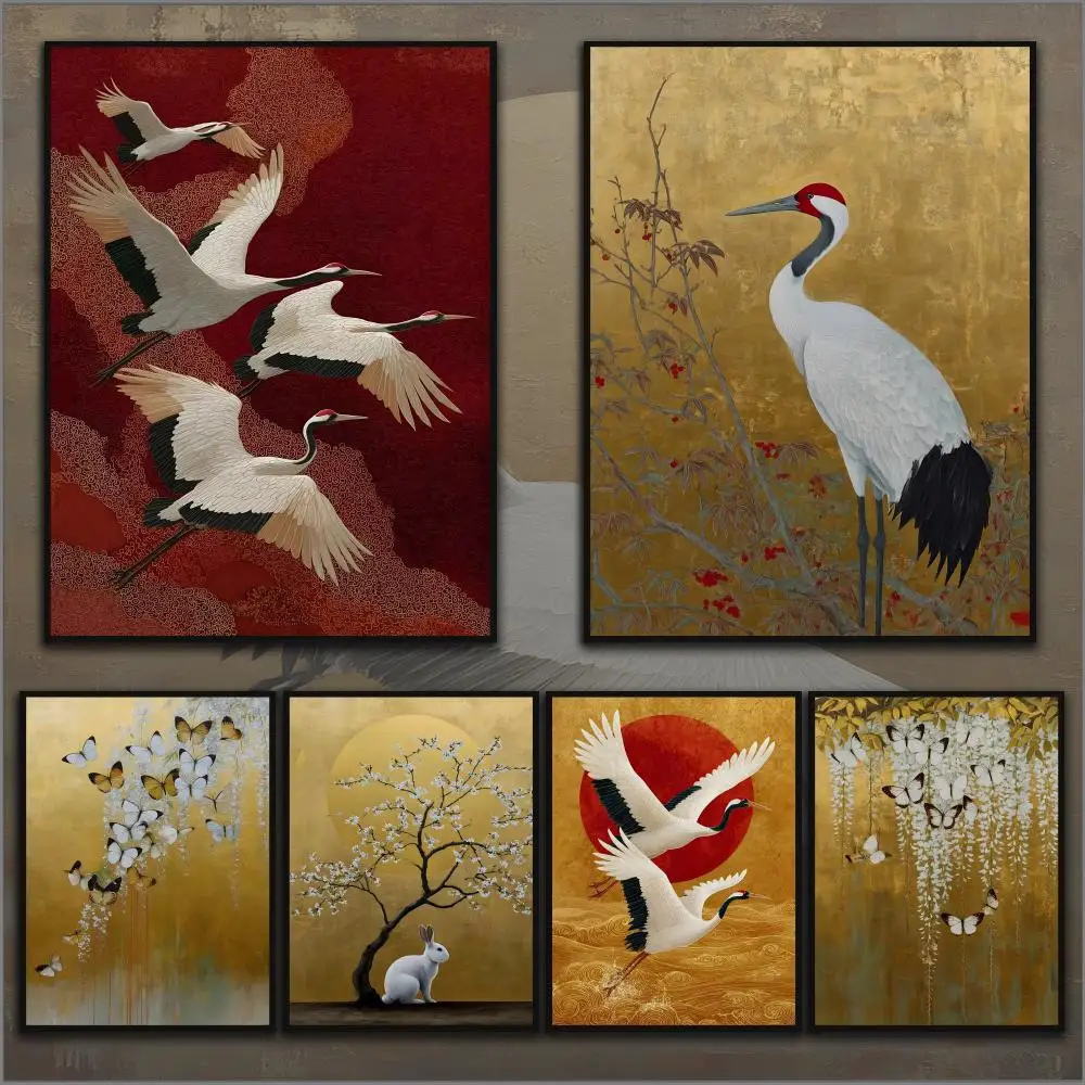 Vintage Style Yellow Crane Flying Birds Flower Sun Art Poster HD Waterproof Wall Art Self Adhesive Scratch Proof Home Office Bar