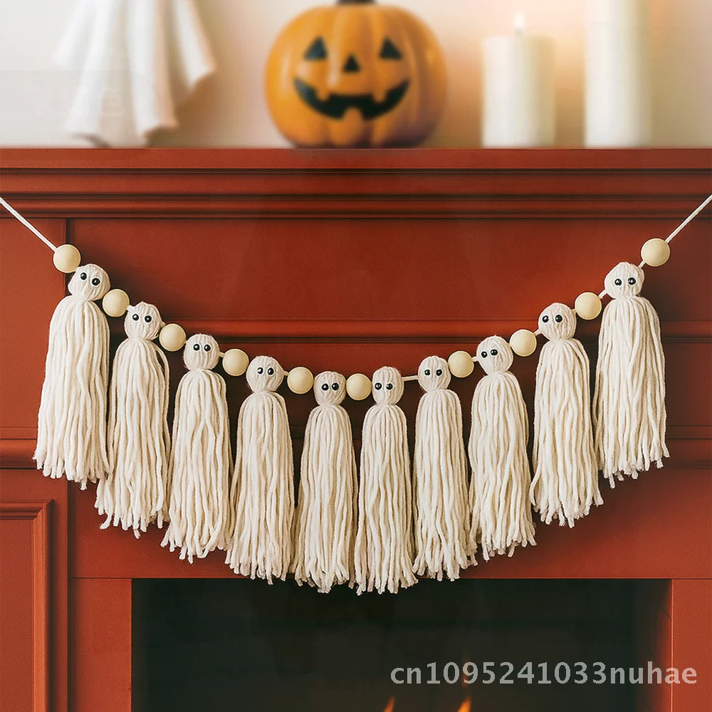 

Halloween Creative Hand-Woven Tassel Flag Wall Pendant Iron Hoop 27x13cm Simple Decor for Bedroom American Style