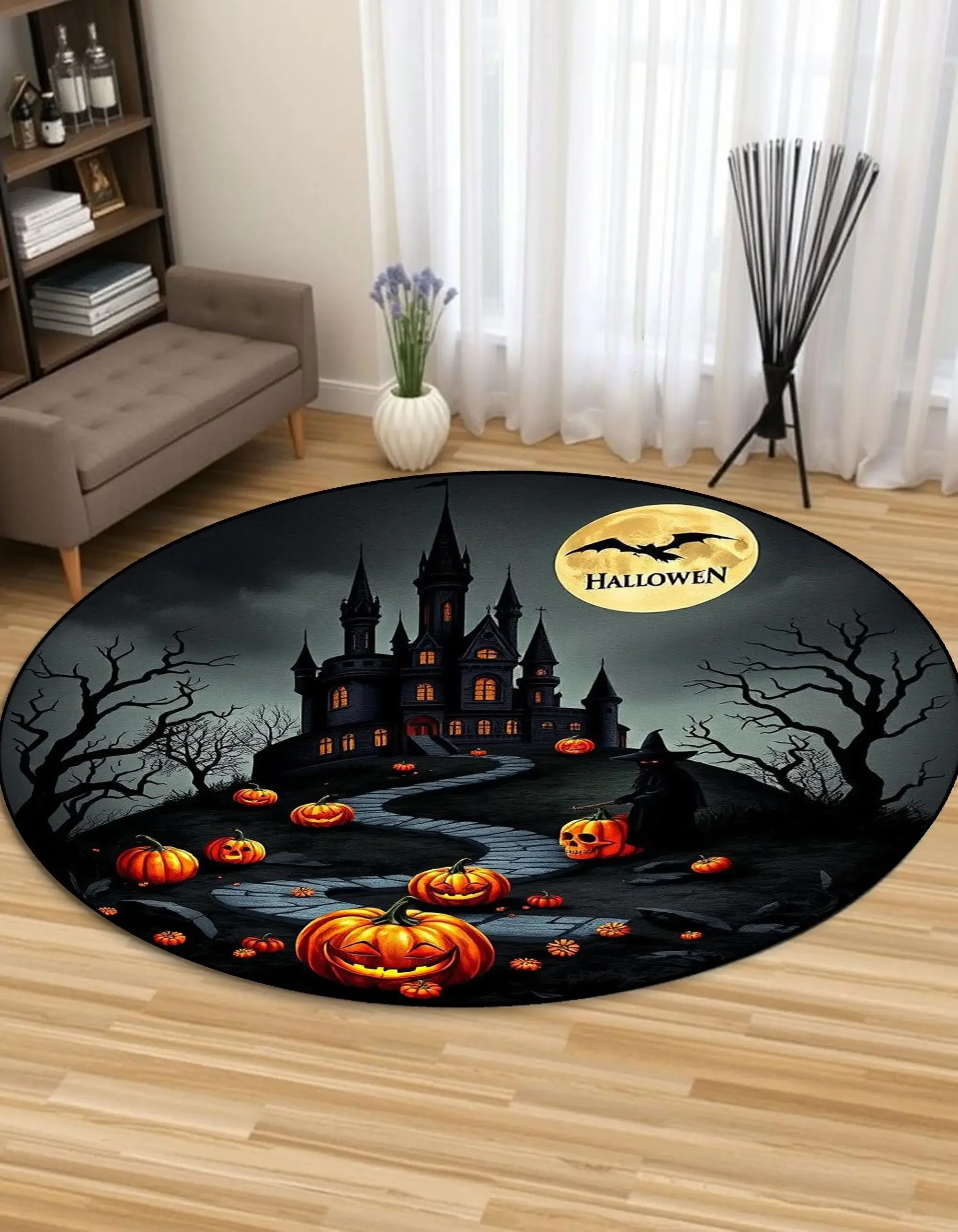 Halloween Haunted Castle Round Rug with Jack O Lantern Pumpkins and Witch for Living Room