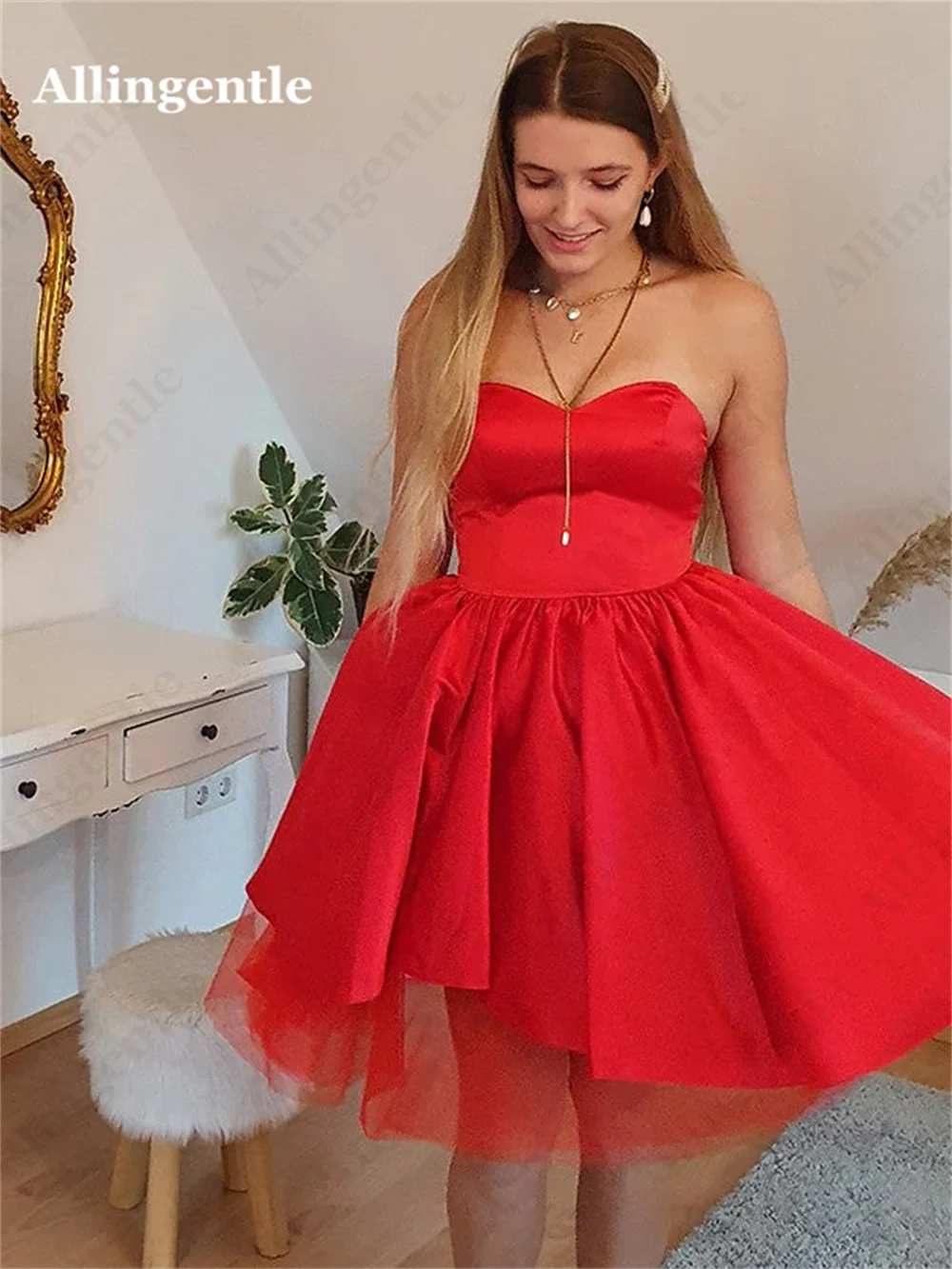 Allingentle gaun Homecoming Satin tanpa tali merah menawan gaun Mini Sweetheart gaun pesta Prom berenda A Line robe de Soiree