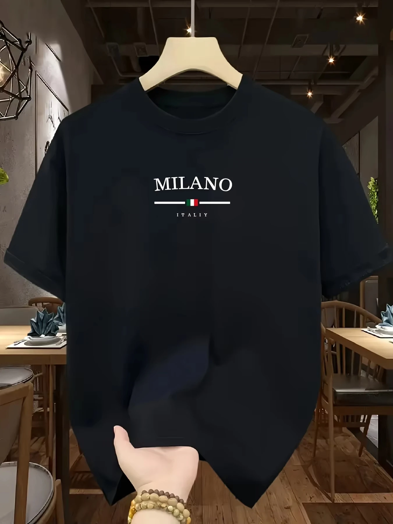 Camiseta de manga corta con cuello redondo y estampado de letras de Milán estilo italiano holgado informal a la moda 100% de algodón puro para hombre