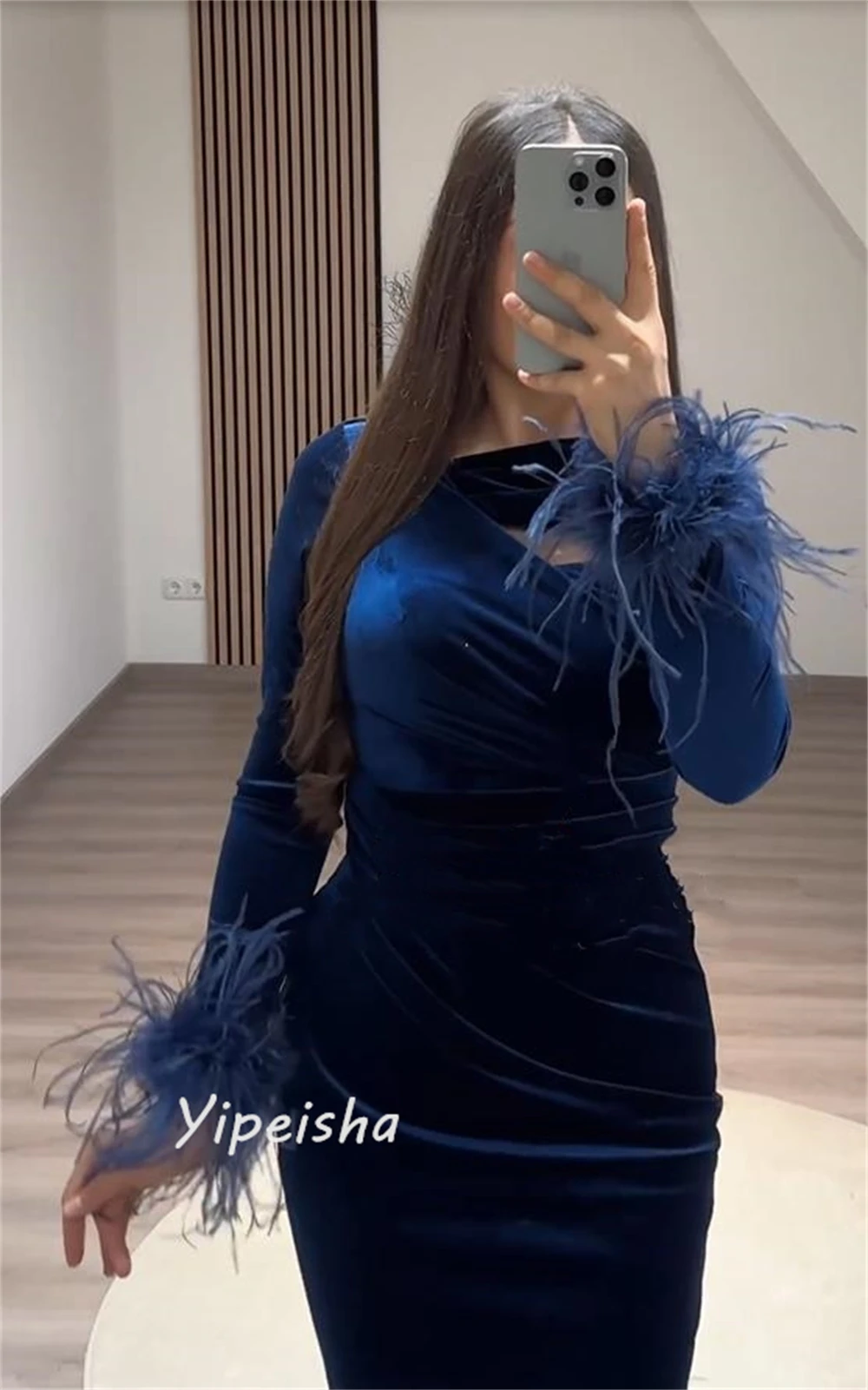 Customized Jiayigong Prom Formal High Collar A-line Feathers Pleat Floor-Length Velour Bespoke Occasion Dresses Evening