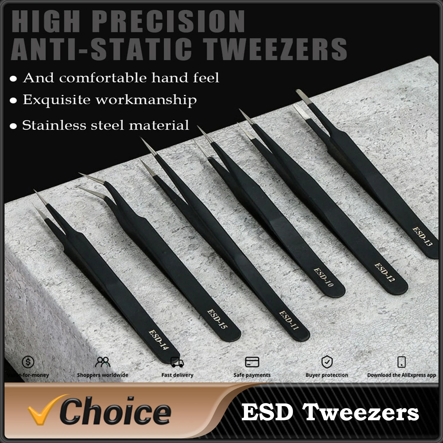 Precision Tweezers Set ESD Anti-Static Stainless Steel Tweezers Repair Tools Electronics Repair Soldering Craft Tools DIY Kit