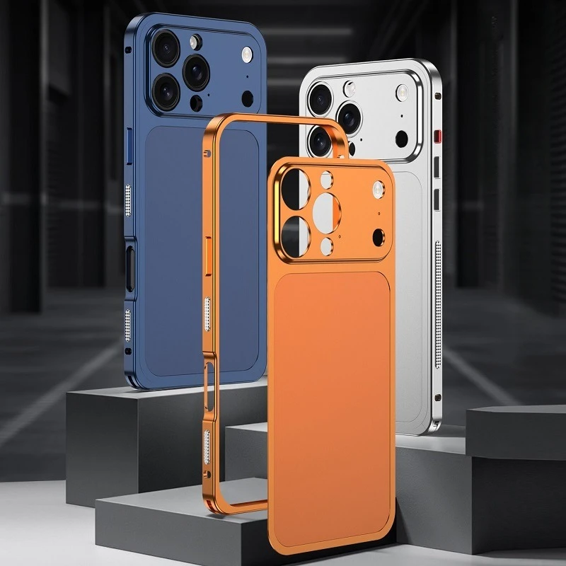 

Solid Color Metal Aluminum Alloy Snap Fastener Phone Case for iPhone 16 15 14 13 Pro Max with Protective Cover