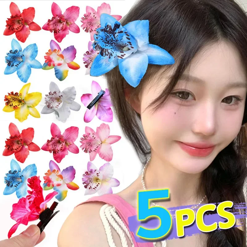 Colorful Orchid Flowers Hair Clips Bridal Hawaii Headwear Tropical Summer Beach Wedding Women Holiday Flower Hairpin Accessories