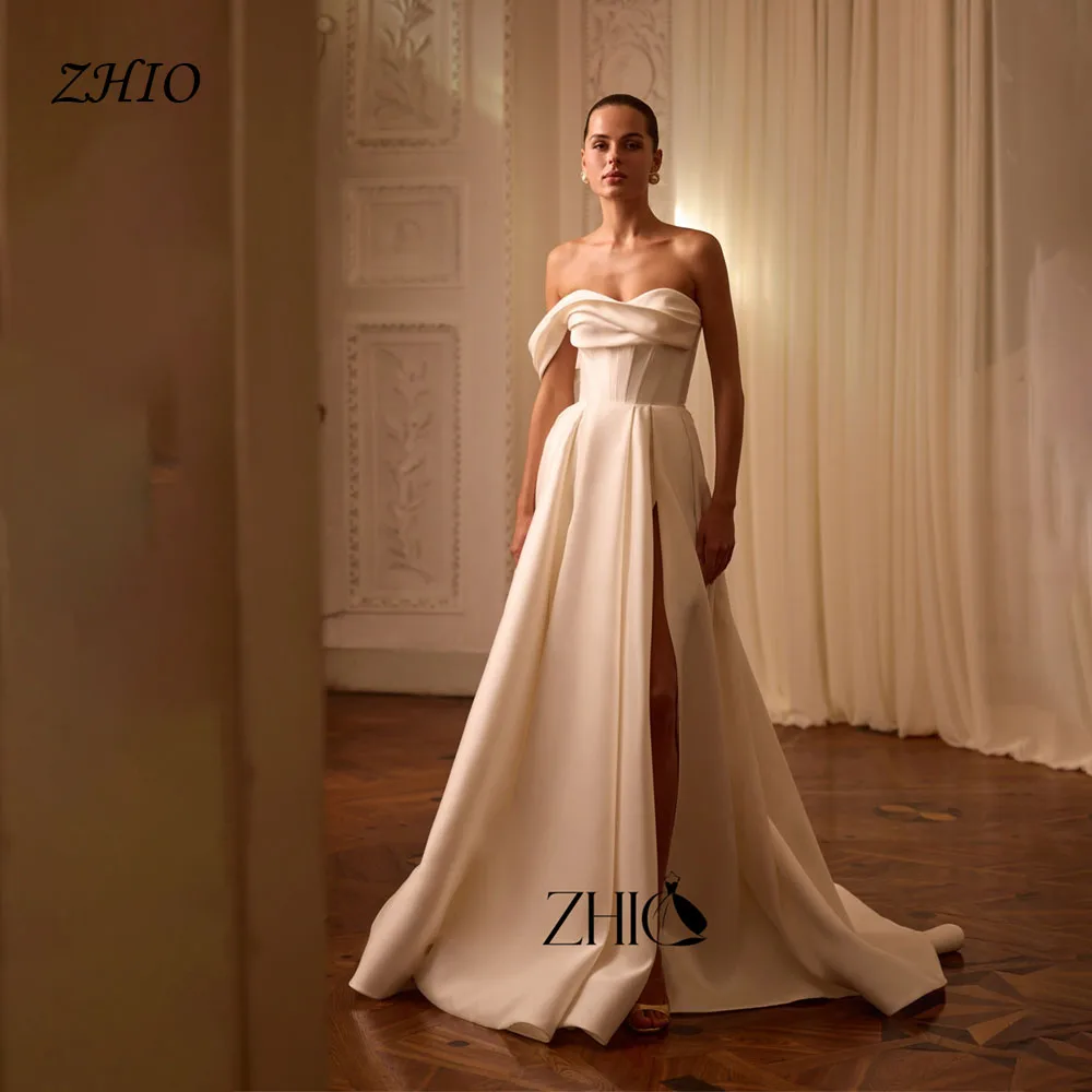 ZHIO Vintage One-Shoulder A Line Wedding Dress Strapless Satin Corset High Slit Train Evening Gowns Vestidos De Novia Customized