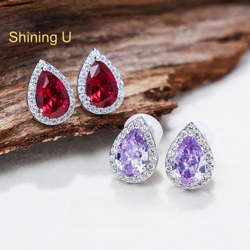Shining U Pear Ruby Violet Pear Cut Stud Earrings for Women Fashion Jewelry Party