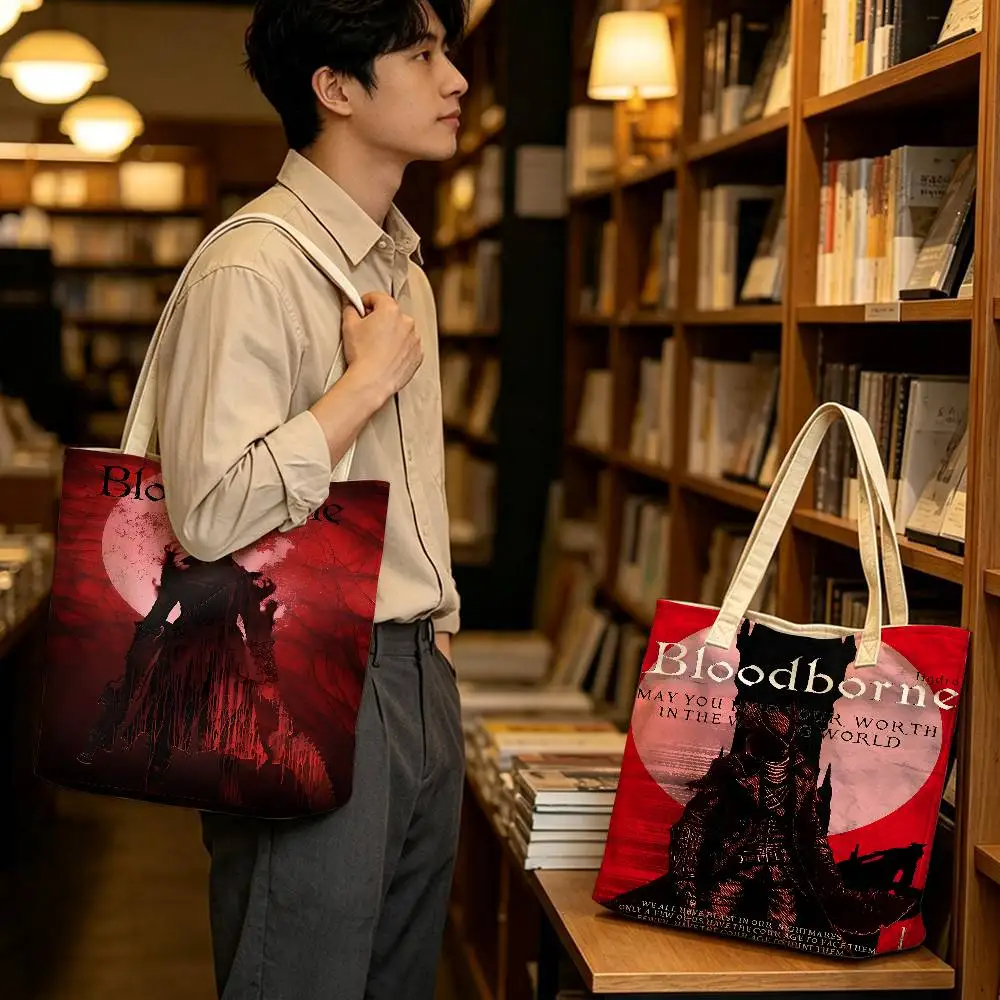 Gaming Bloodborne pattern printed canvas tote bag, suitable for daily use, shopping, school, and travel