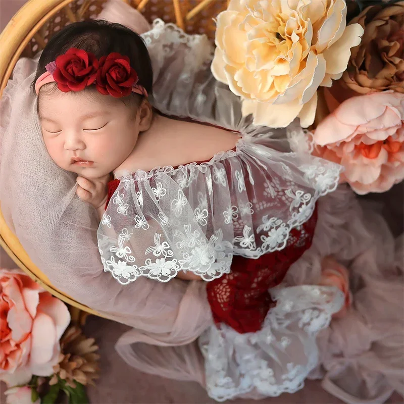Newborn Photography Props Lace Jumpsuit with Headband Baby Girl Photography Outfits Newborn Infant Props Photo Shooting Clothes