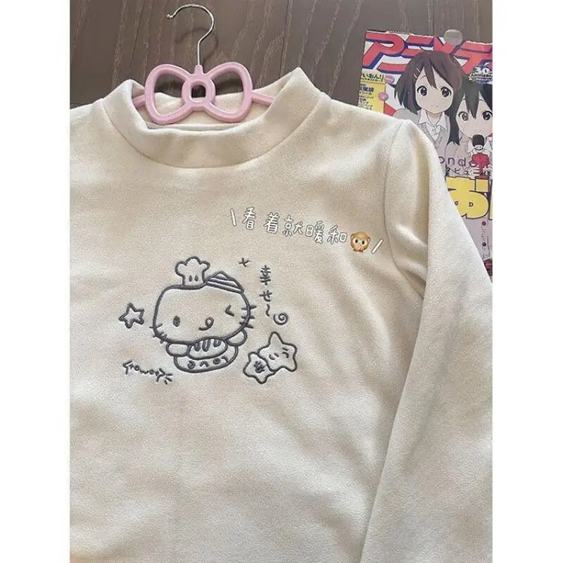 헬로키티 하이넥 일본 스타일 부드러운 벨벳 귀여운 스윗 캣 새로운 다용도 자수 긴팔 기본 티셔츠 탑 가을