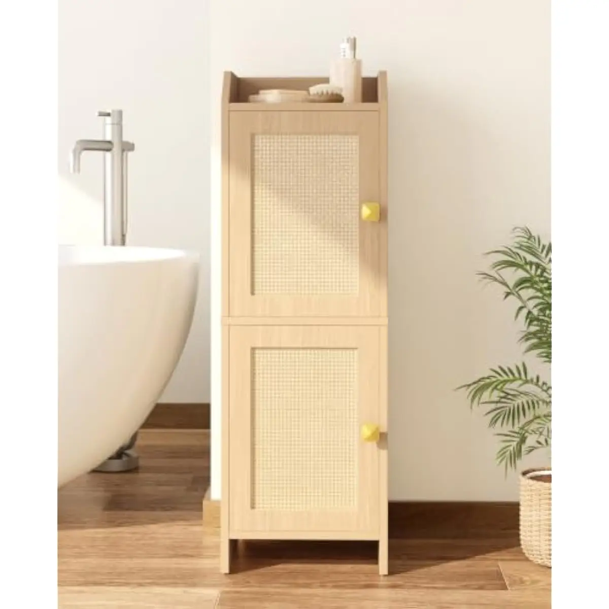 Rattan Bathroom Cabinet Slim Design 7.9 Inch Depth 9.8 Inch Width 29.5 Inch Height Two Woven Doors Adjustable Interior Shelf Ide