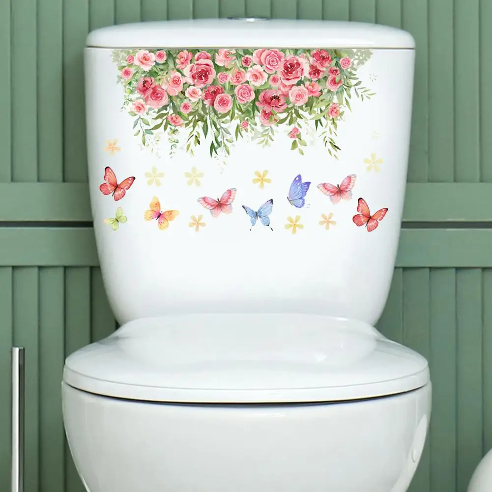 Adhesive Toilet Decal Residue-free Toilet Decal Colorful Flower Butterfly Toilet Sticker Removable Waterproof Pvc Decal for Room