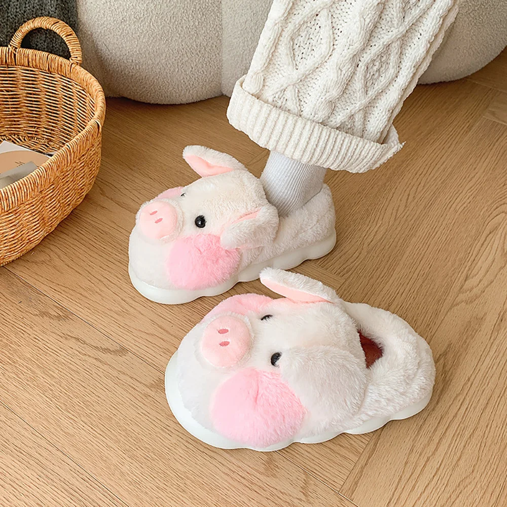 

Cute Pig Warm Slipper Women Soft Heel Plush Slippers Winter Indoor Comfortable Fluffy Thicken Platform Cartoon Home Slippers