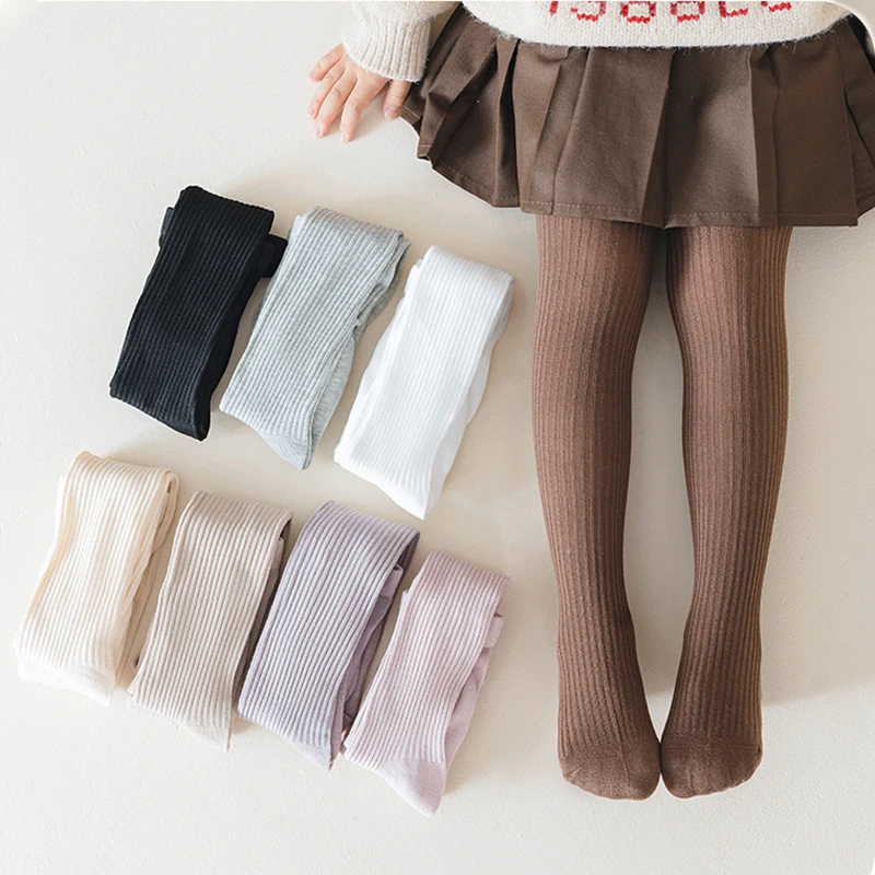 Sweet Kids Girl Spring Autumn Solid Color Vertical Stripe Tight Versatile Daily Wear Stretch Leggings Cute Soft Cotton Pantyhose