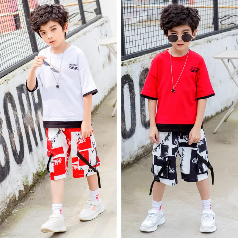 Vêtements de danse de rue pour enfants et garçons, vêtements tendance d'été à manches courtes, amples et cool, ensemble de vêtements hip-hop, robe de performance