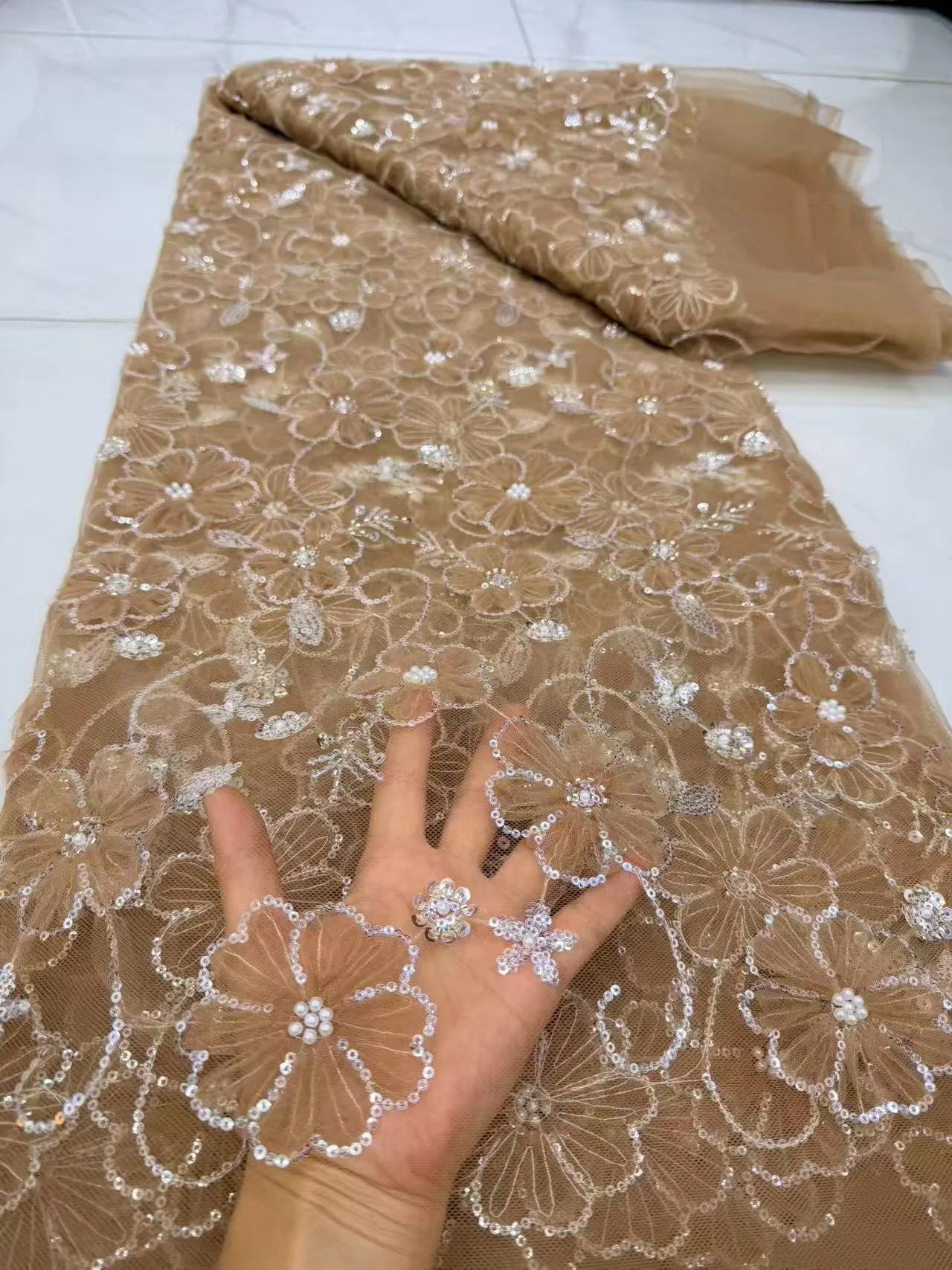 Top Grade Handcut African Nigerian Sequins Tulle Lace Fabric Sewing Net Cloth Prom Dresses Beads Embroidery High Quality DP0550