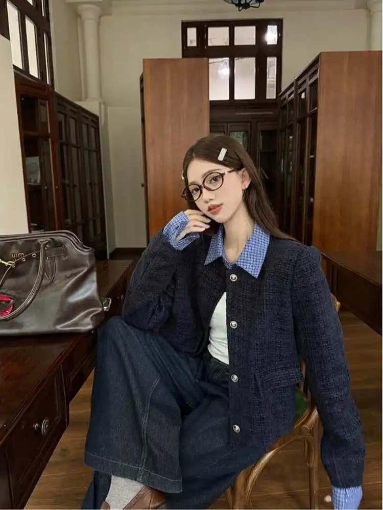 

Korean Sle ort Quilted Jaet Women's Autumn Winter New Faion Slim Fit Collar Fake Two-Piece Design Ladies Coat