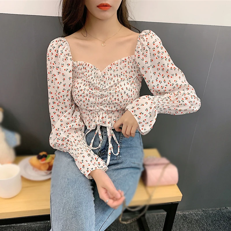 Spring Women's Blouse Square Collar Korean Version Floral Print  Sweet Slim Korean Version Puff Long Sleeves Chiffon Blouse