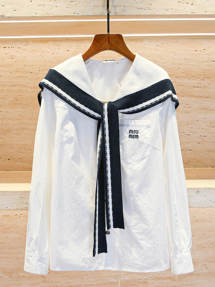 

High-End Women's irt Navy Collar with Belt College Sle Long Sve Striped Polyester Fiber Straight Cut Commute Sle