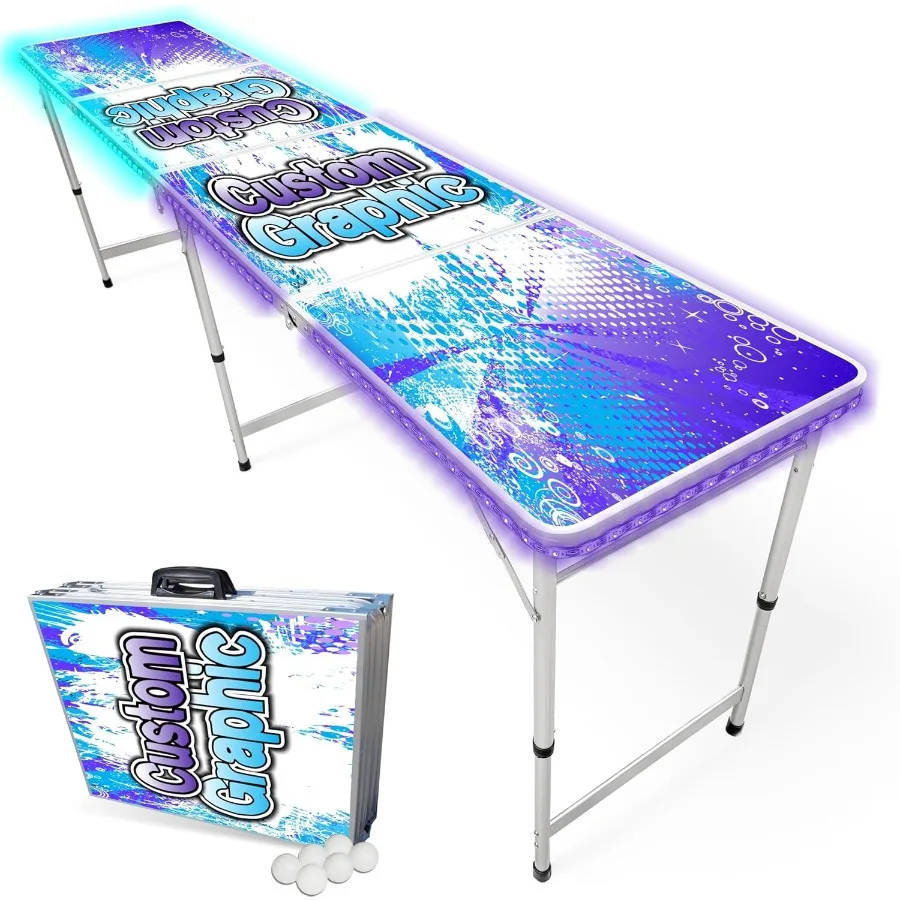 

8Foot Regulation Folding Beer Pong Table with Beer Pong Balls and Optional Cup Holes LED Lights for Home Entertainment Custom G
