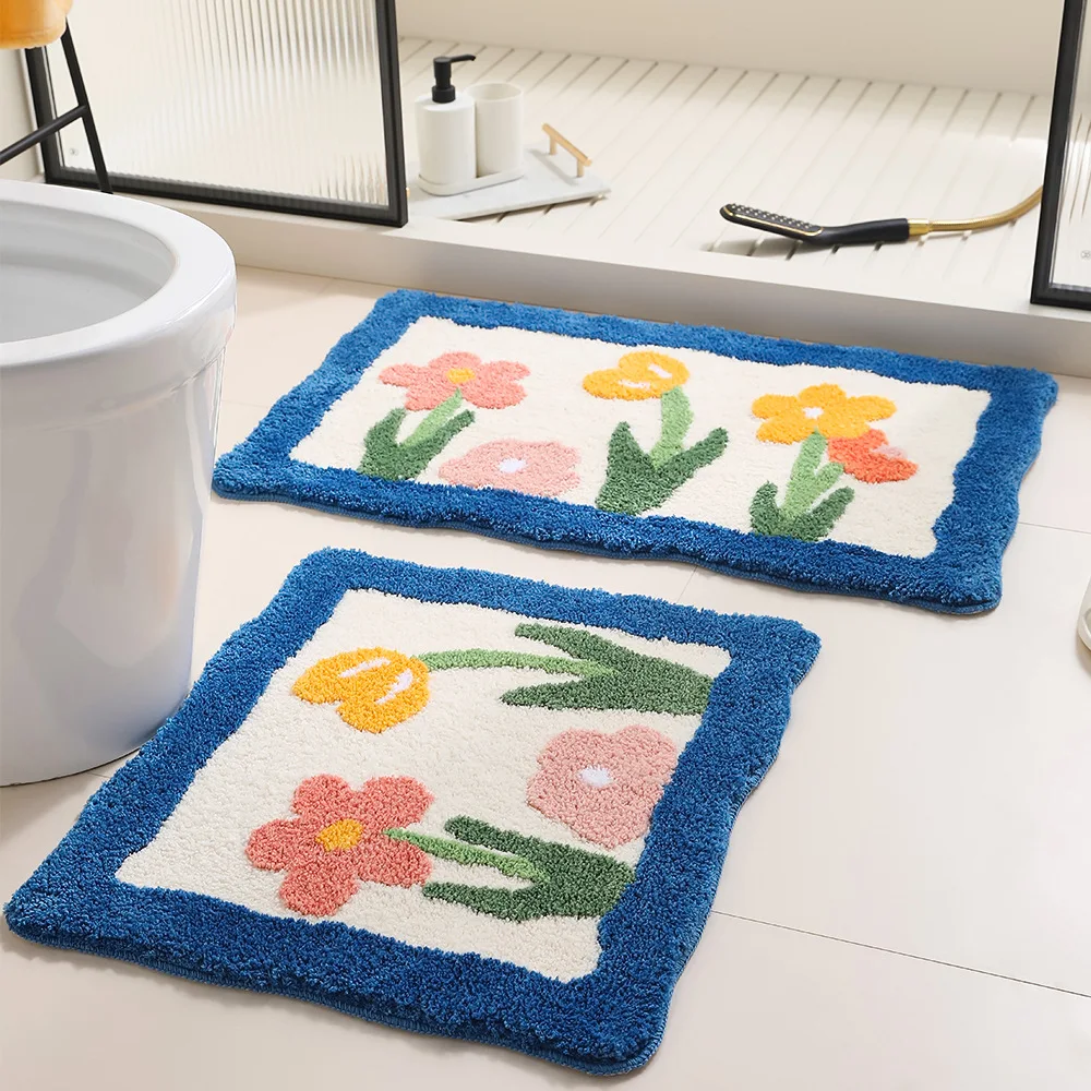 Floral Tufting Bathroom Mat Soft Tulip Bedside Foot Carpet Rug Floor Pad Bedroom Doormat Aesthetic Home Room Tidy Decor