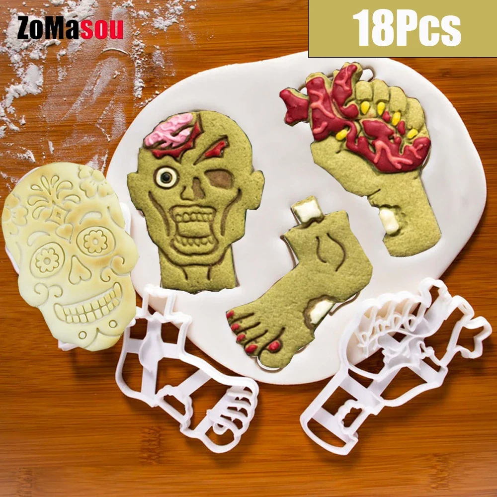 

1/18Pcs Halloween Skull Brain Organ Zombie Head Cookie Cutters Mold 3D Cartoon Pressable Biscuit Chocolate Mold Cake Decory Tool