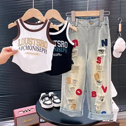 Spring Summer Girls Clothing Set Big Girl Fashion T-shirt Vest Top+ Letter Embroidered Jeans Street Dance Performance Costumes