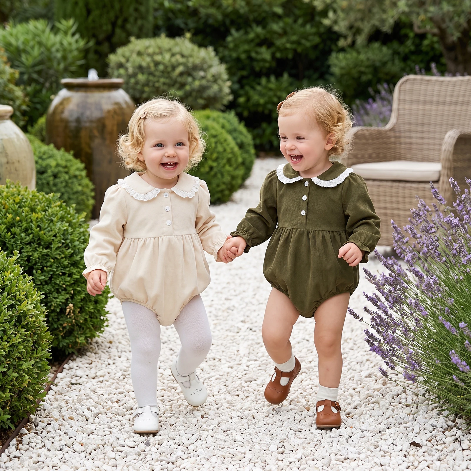 Early Autumn Toddler Baby Girls Fall Corduroy Romper Embroidery Lace Doll Collar Long Sleeve Button Front Jumpsuit