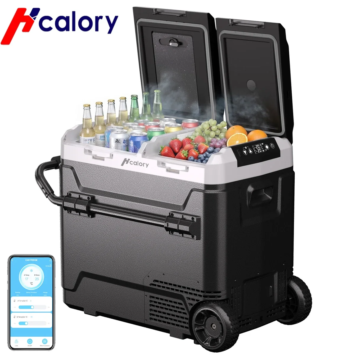 Hcalory 60L Tragbarer Auto-Kühlschrank 12V/220V Dual-Zone-Kühlschrank mit APP-Steuerung & Rädern für Wohnmobil, LKW, Zuhause, Camping