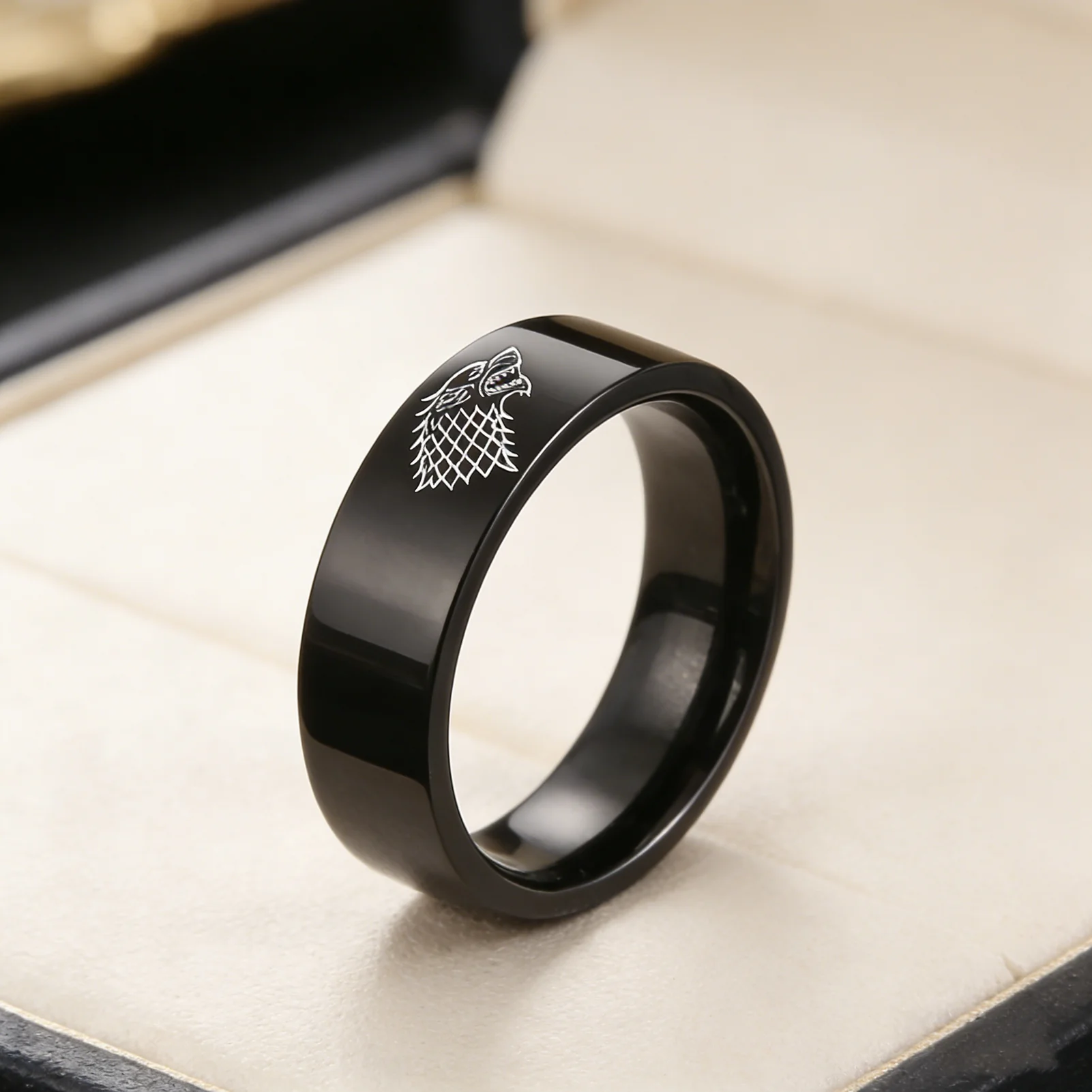 

CoolTime 6MM Punk Rings For Man New Stainless Steel Cross Wolf Ring Trend Hip-Hop Silve Color Daily Decorations Jewelry