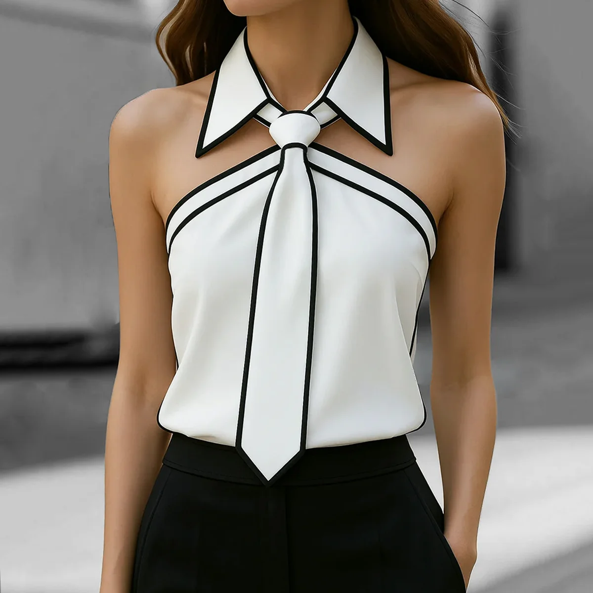 

Women's Tank Tops Tie Neck Strap Necktie Lapel Design Casual Sleeveless Blouses Blusas Mujer Moda Contrast Binding Blouse Vest
