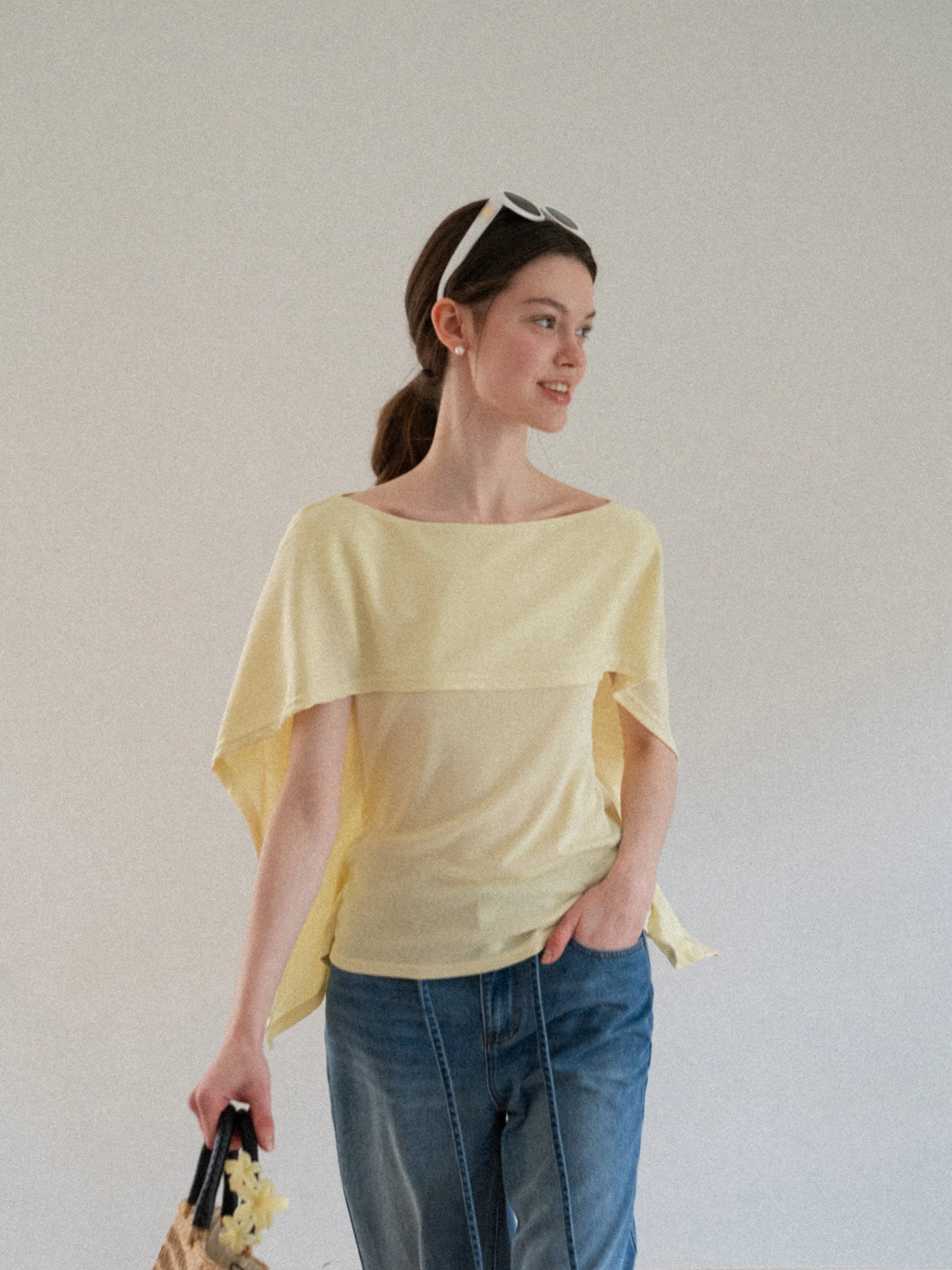 EGGKA Women's Summer Casual Style Short Sleeve T-shirt with Cloak Design Breathable Soft Versatile Gentle Color Block Top