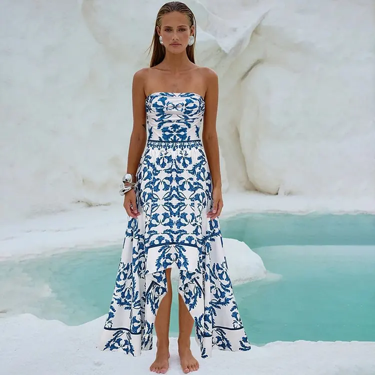 Flaxmaker Zomer Sexy Strapless Stijl Frilled Gedrukt Eendelig Badpak en Rok Vrouwen Retro Badmode Sets Partywear